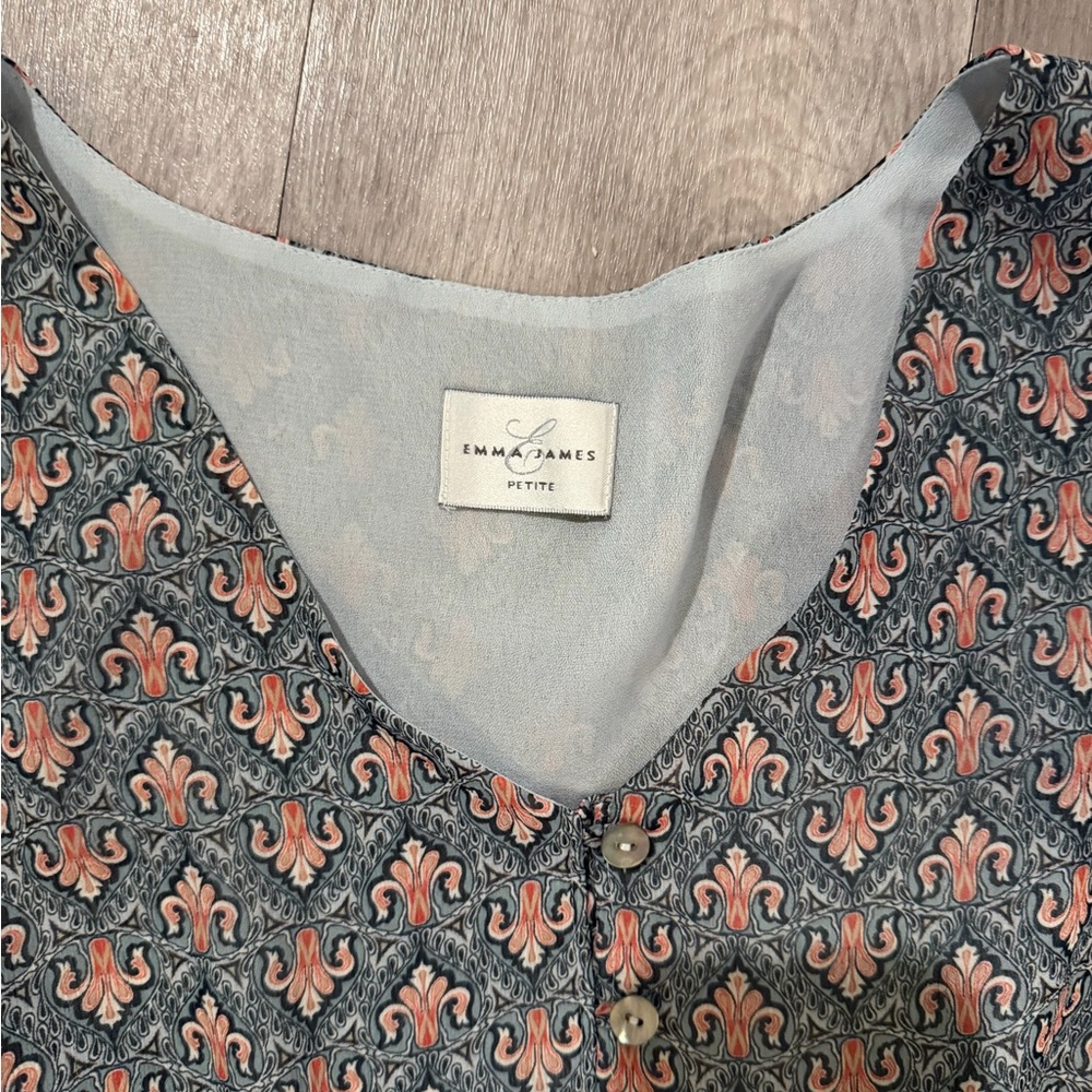 Printed Ruffle Front Button Blouse - Blue With Pe… - image 2